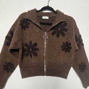 PROMESA Brown Floral Zip-Up Sweater.Size S